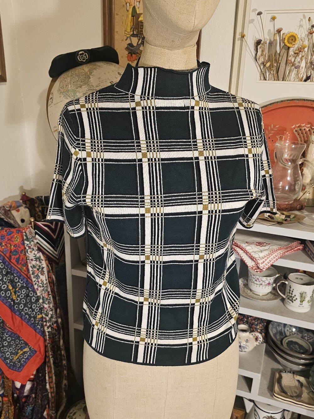 Green, Gold, White Plaid Short Sleeve Sweater - S